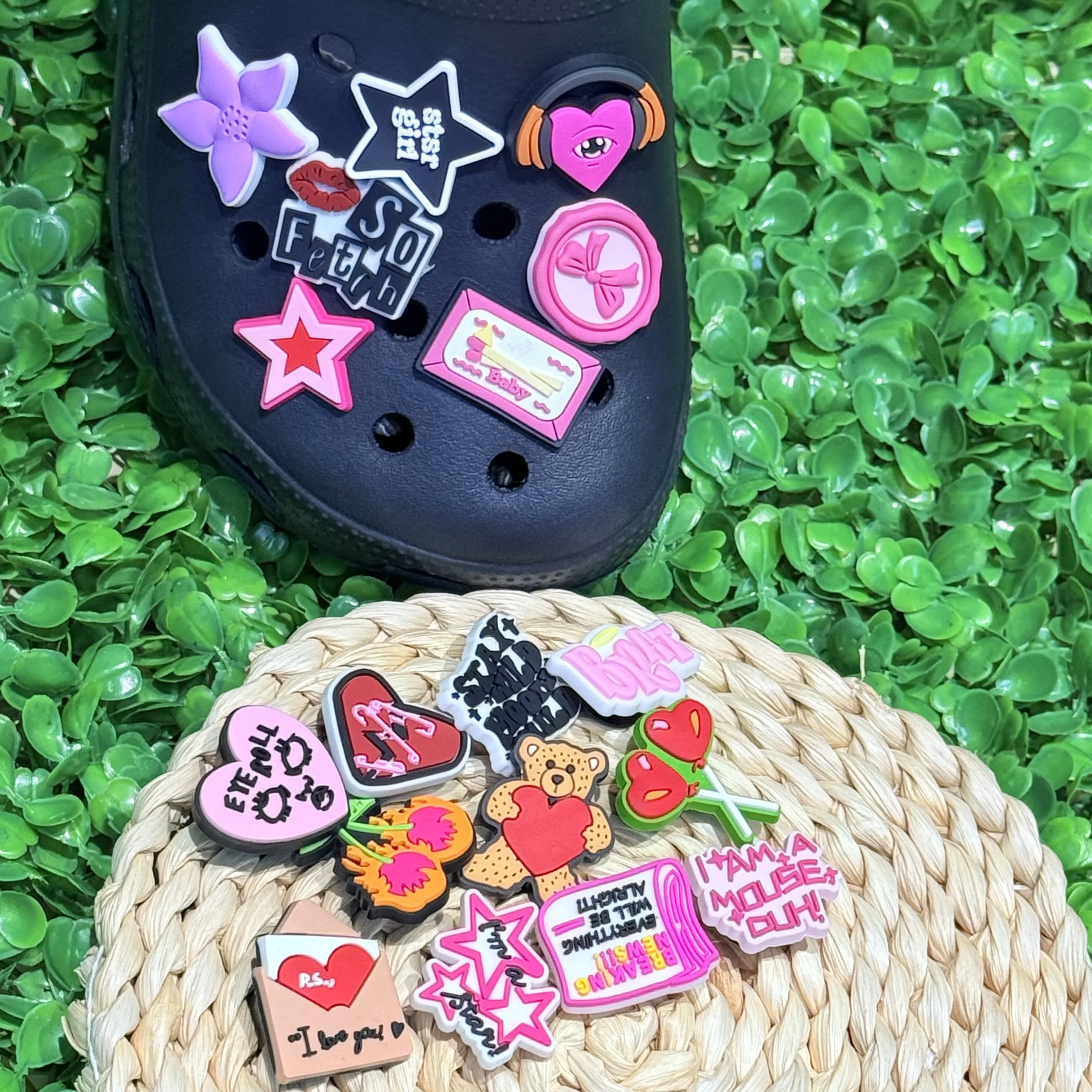 

1-18pcs Star Cherry Lollipop Bear Heart Bow Eye Roll PVC Shoe Charms Accessories Garden Shoes Buckles For Women Birthday Present