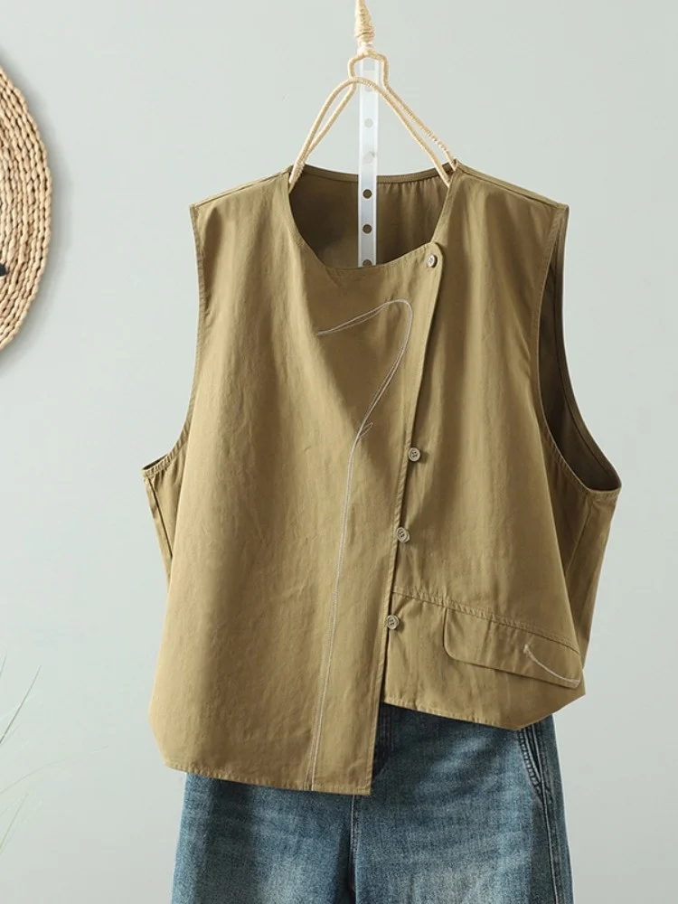 Retro Japanese Style Women's Short Sleeveless Cotton Vest Irregular Length Spring Summer Outerwear Commute Style Button Design