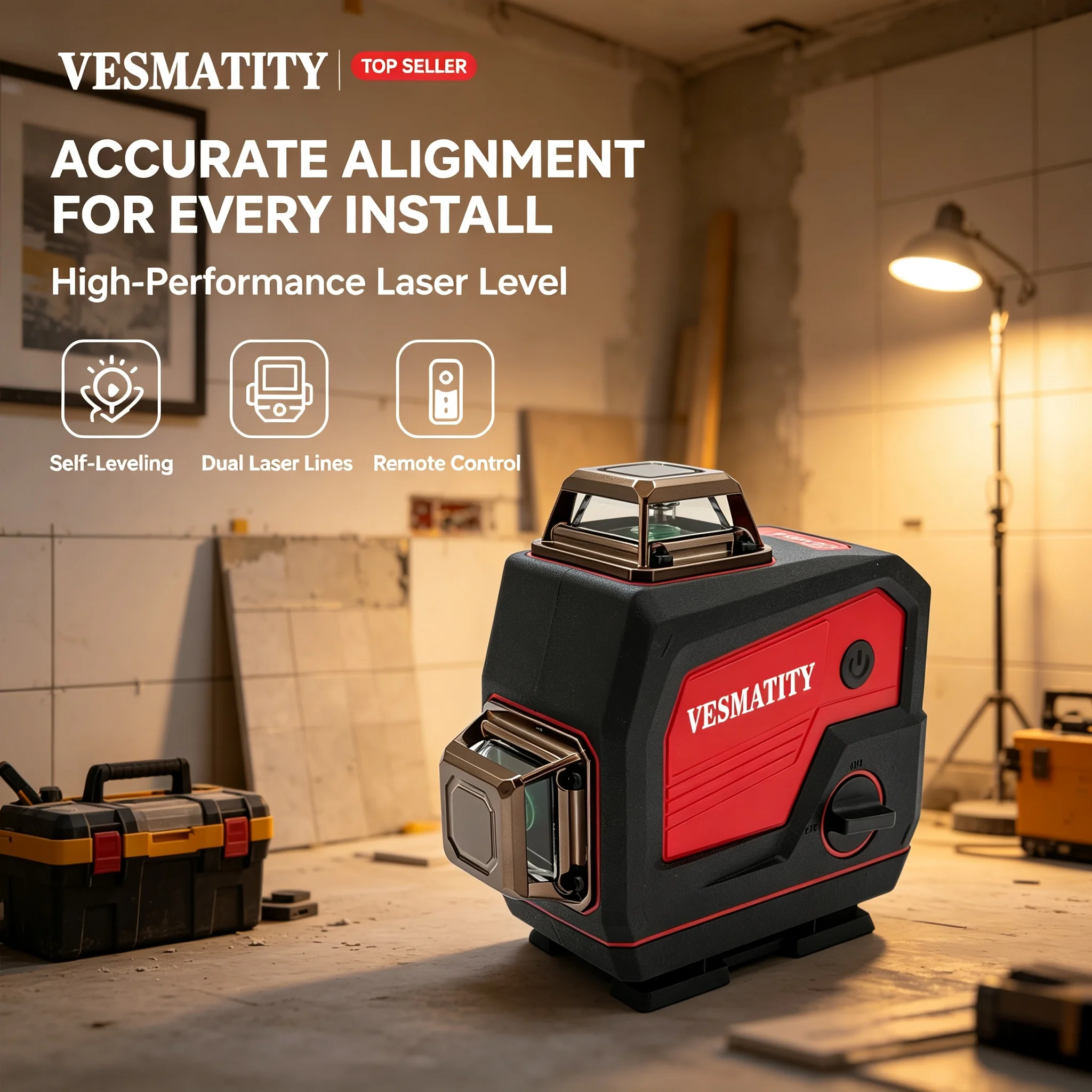 VESMATITY 2026 High Precision Green Cross Line Laser Level 360° Self Leveling Portable Wall Mount Measuring Tool