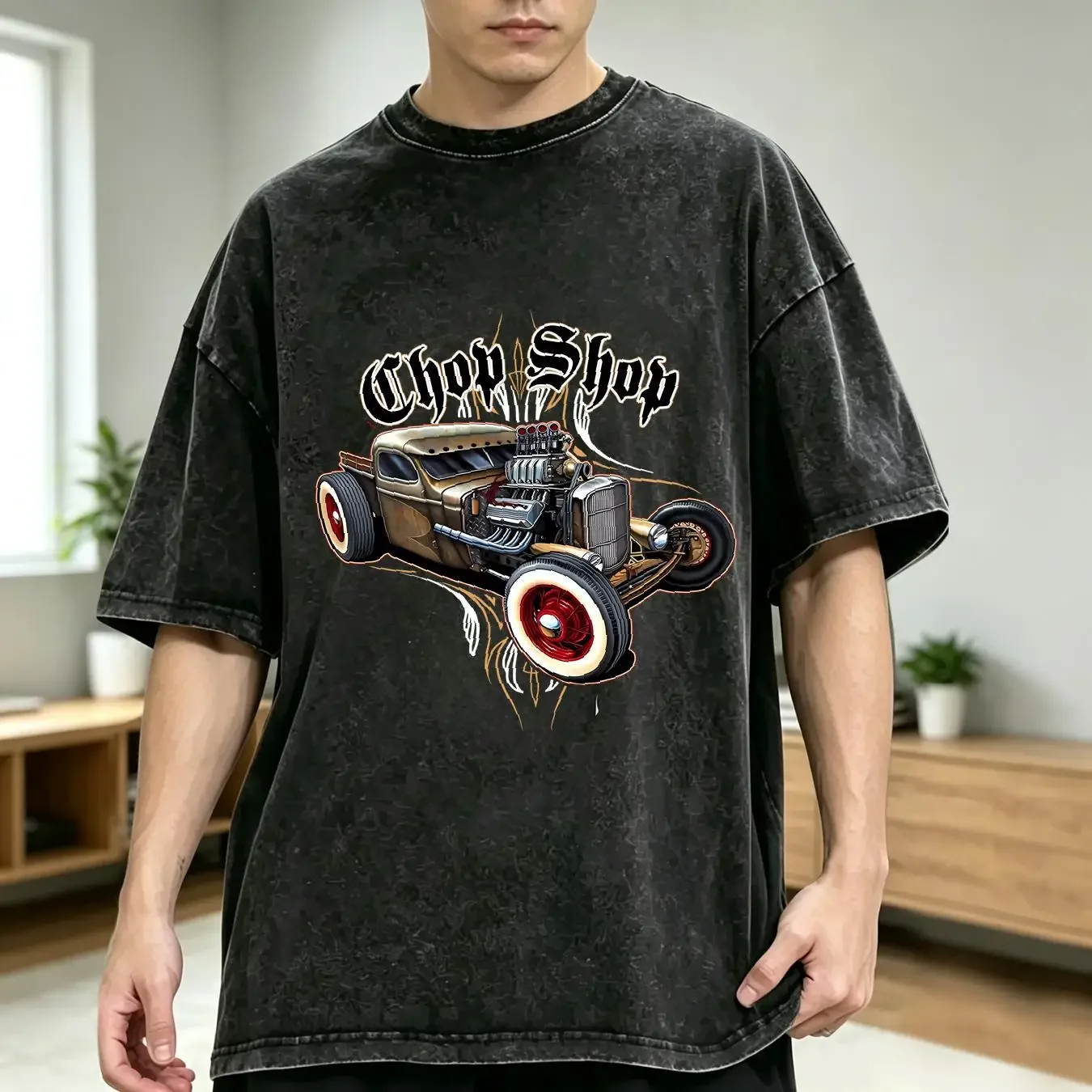 washed T Shirt CHOP SHOP Garage Hot Rat Rod Pinstripes Old School vintage Washed Soft Unisex Breathable designer clothes
