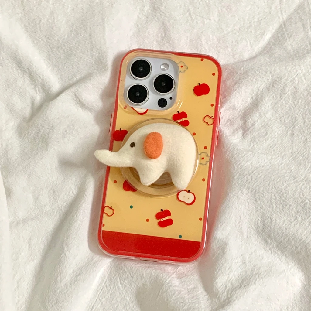 

Креативный плюшевый слон с красным яблоком и круглыми точками в виде слона с держателем, магнитный чехол для телефона для iPhone 16, 15, 14, 13 Pro Max