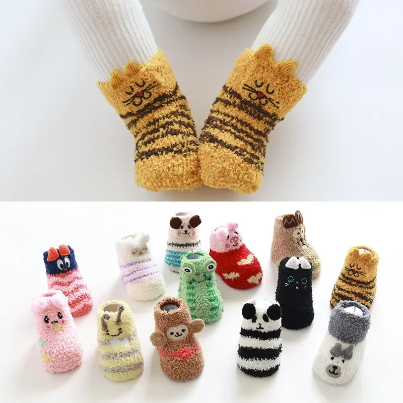 1 Pair Warm Infant Baby Sock for Boy Girl Cute Cartoon Animal Newborn Floor Sock Lovely Winter Warm Toddler Coral Fleece Socks