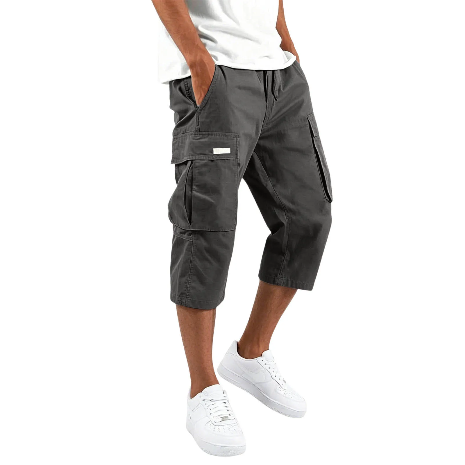 2026 Herren Solide Cargo Capri-Shorts mit Kordelzug, elastischem Bund, mehreren Taschen, lockerer Passform, knielang, für den Sommer, Freizeit, lange Shorts – Detail 7