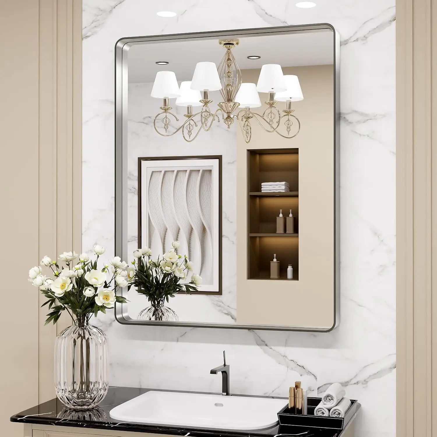 

22x30 Inch Brushed Nickel Bathroom Mirror, Rounded Rectangle Silver Frame, Anti-Rust, Hangs Horizontally or Vertically