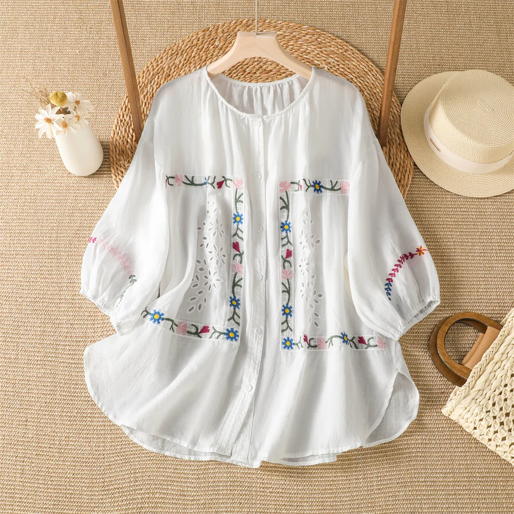 

Summer 2026 New Women's plus Size Shirt Embroidered Loose Cotton Linen Sun Protection Top Comfortable Breathable Casual Blouse