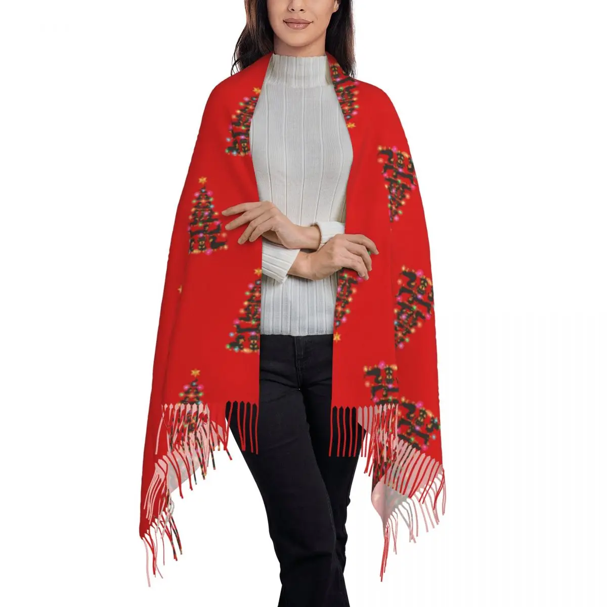 Dachshund Christmas Tree Sweater Scarf Tassel Scarves Women Soft Warm Shawls and Wraps Long Fall Winter Shawl Wrap