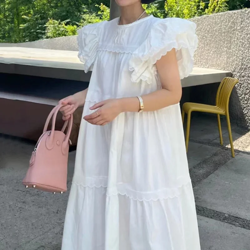 Layered Ruffled Fly Sleeve Dress Women Casual Loose Swing Vestidos De Mujer White Doll Dresses Female Y2k Sense Design Loose