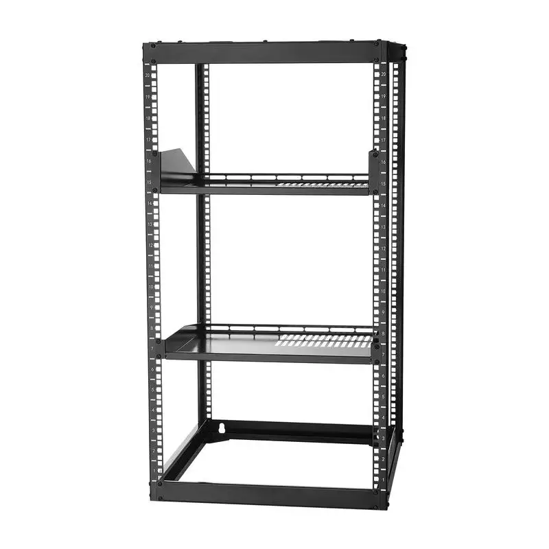 

20U Open Frame Infrastructure Cabinet 23in Depth For Server Room Office Data Center Heavy Duty 4 Post Structure Vented Shelves Included Mounting Hardware Kit Floor Wall Support Networking IT AV Equipment Storage