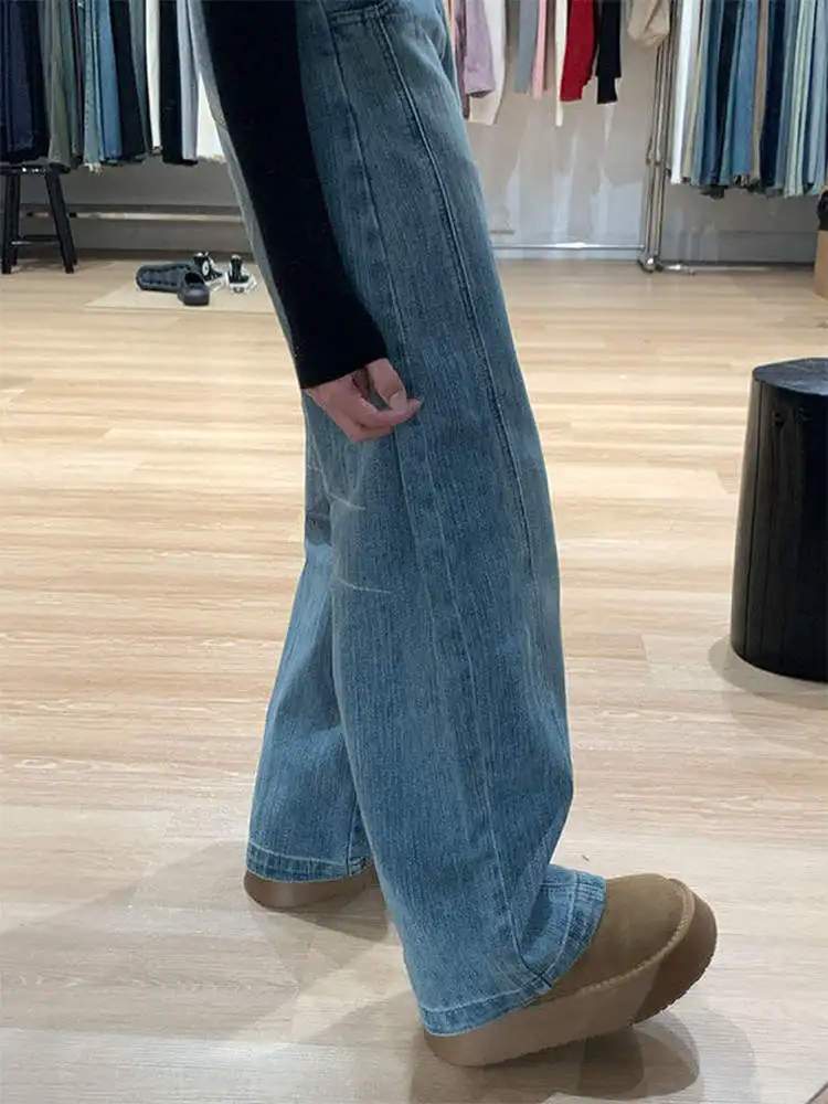 กางเกงยีนส์ทรงขาบานสไตล์อเมริกันย้อนยุคสำหรับผู้หญิง ทรงหลวม เอวสูง ช่วยให้ดูผอม ใส่ได้ในฤดูใบไม้ร่วงและฤดูหนาว มีไซส์พลัสสำหรับสาวอวบ