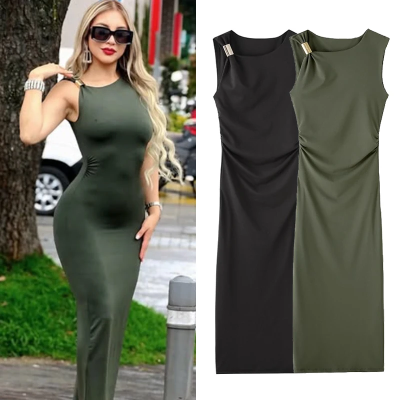 HXAO Grüne Midi-Kleider für Damen, 2025, Frühling und Sommer, ärmellos, elegante lange Kleider, Vintage-Party-Abend, schwarzes Kleid, Vestidos