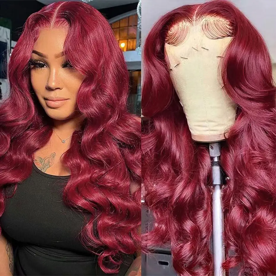 Peruca frontal de renda transparente para mulheres, cabelo humano, onda corporal, bordô, vermelho, brasileiro, 99J, 13x4, 13x6