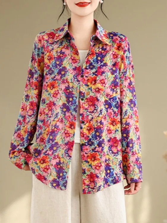 

Новая коллекция Весна 2026: Льняная блузка из хлопка с цветочным принтом, омолаживающая, повседневная, с длинным рукавом, на одной пуговице, для женщин больших размеров