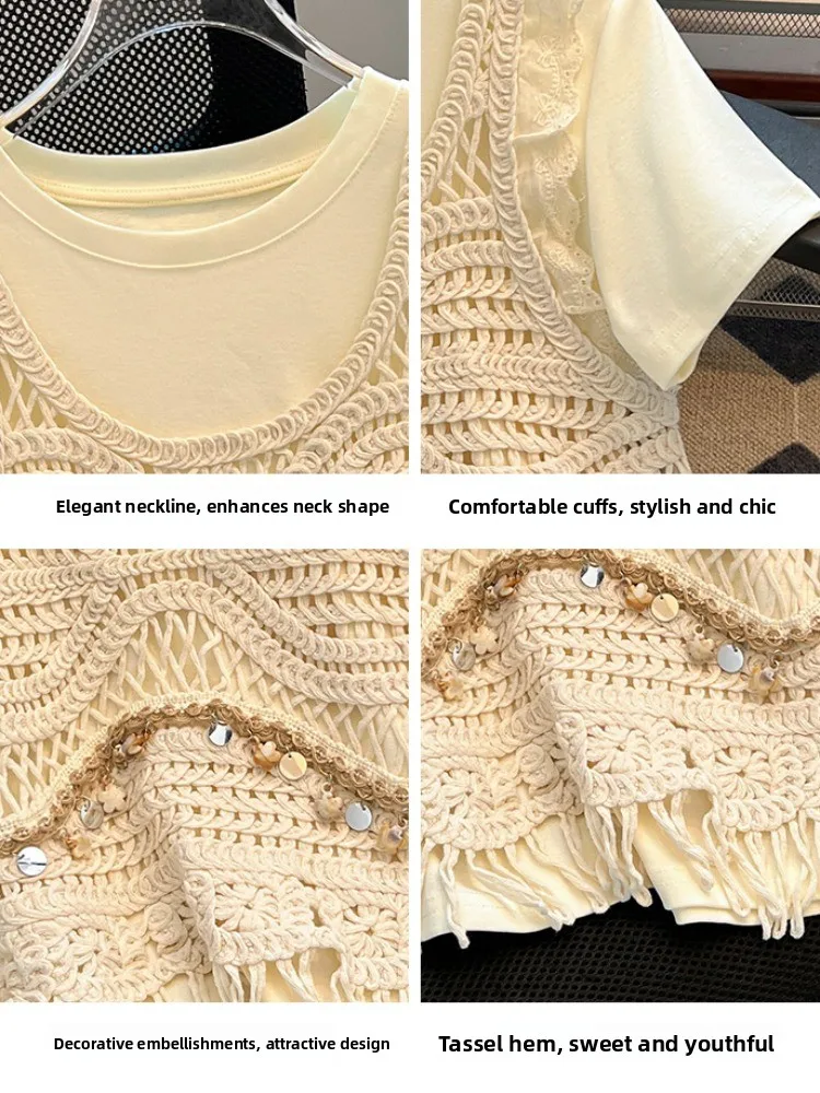 n Sle Knitted Cover up Vest Hollow out Tassel ort Sve Women's Two Piece Set Casual Comfortable Cotton Blend