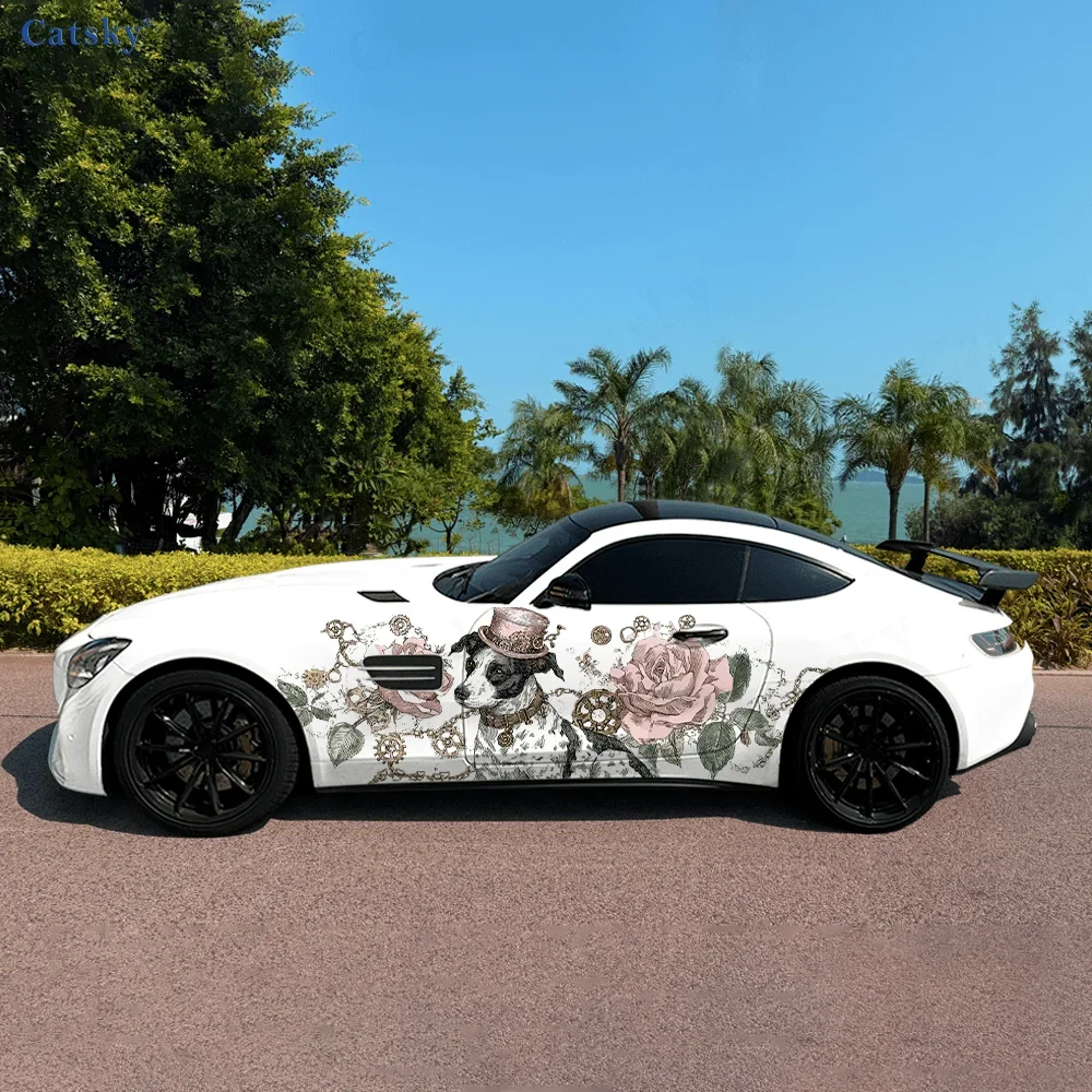 

Top Hat Dog Beautiful Flower Car Vinyl Wraps Decal Self-adhesive PVC Sticker Suitable for Trucks SUV Decor Auto Accessories Gift