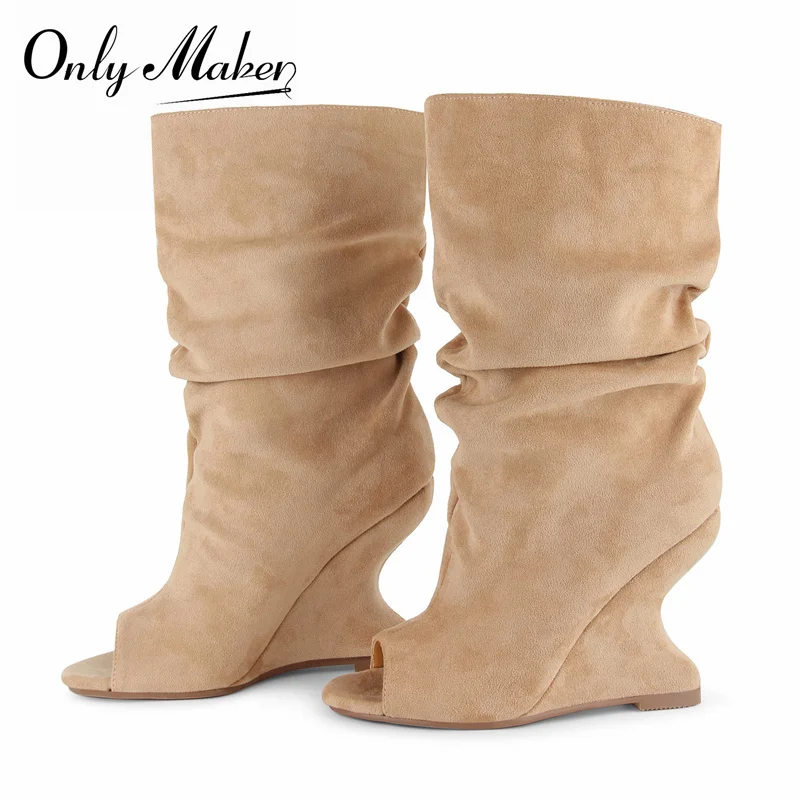 onlymaker-botas-de-mujer-con-punta-abierta-tacon-de-cuna-con-tachuelas-de-ante-sintetico-curvado-cortas-plegables-hasta-la-pantorrilla-fruncidas-sin-cordones