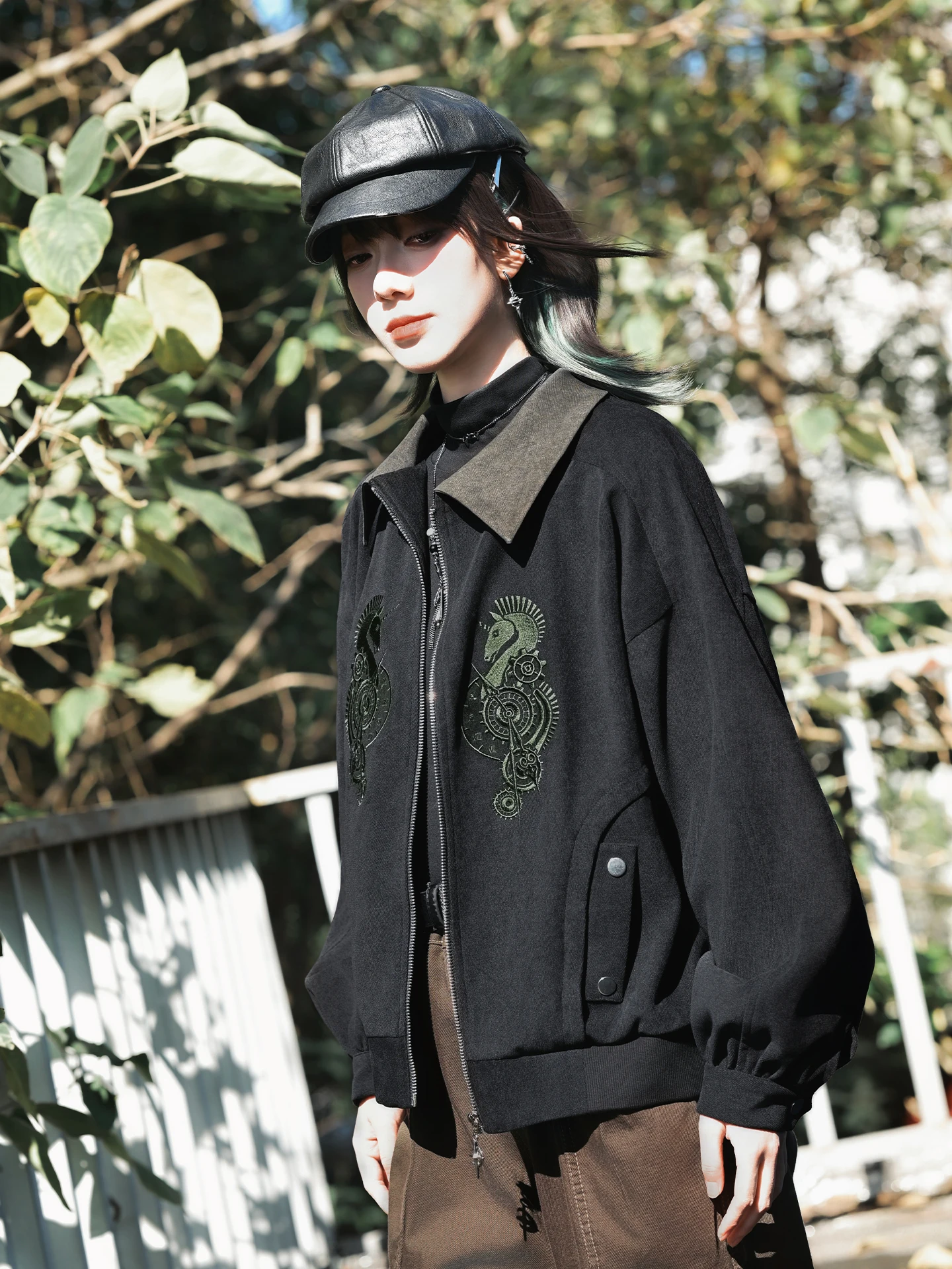 

Retro Embroidered Year Loose Casual Collar Bla Jaet Outerwear Women's Zipper Decorated Patchwork Long Sve Coat