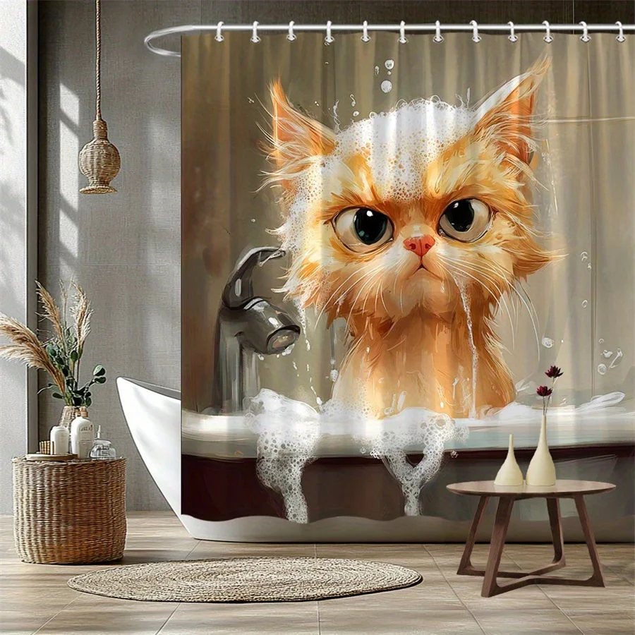 Funny Cat Shower Curtain, Wet Orange Kitten in Bathtub Pattern Waterproof Bath Curtain, Cute Pet Bathroom Decor for Home