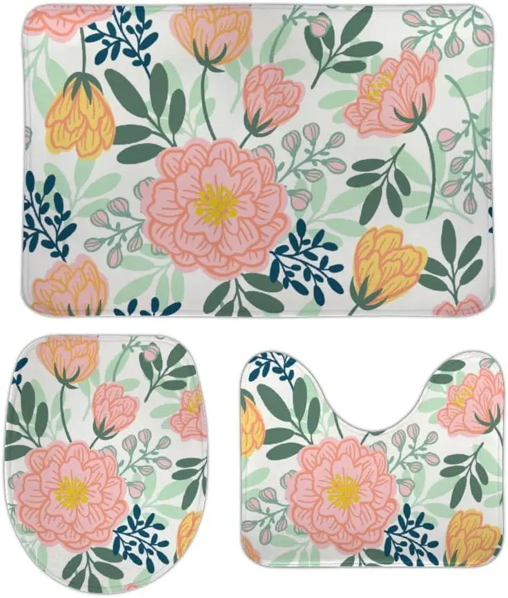

3 Piece Bathroom Rugs Mat Sets - Abstract Floral Light Pink Soft Foam Bath Mats Non Slip Bathroom Rugs Washable C
