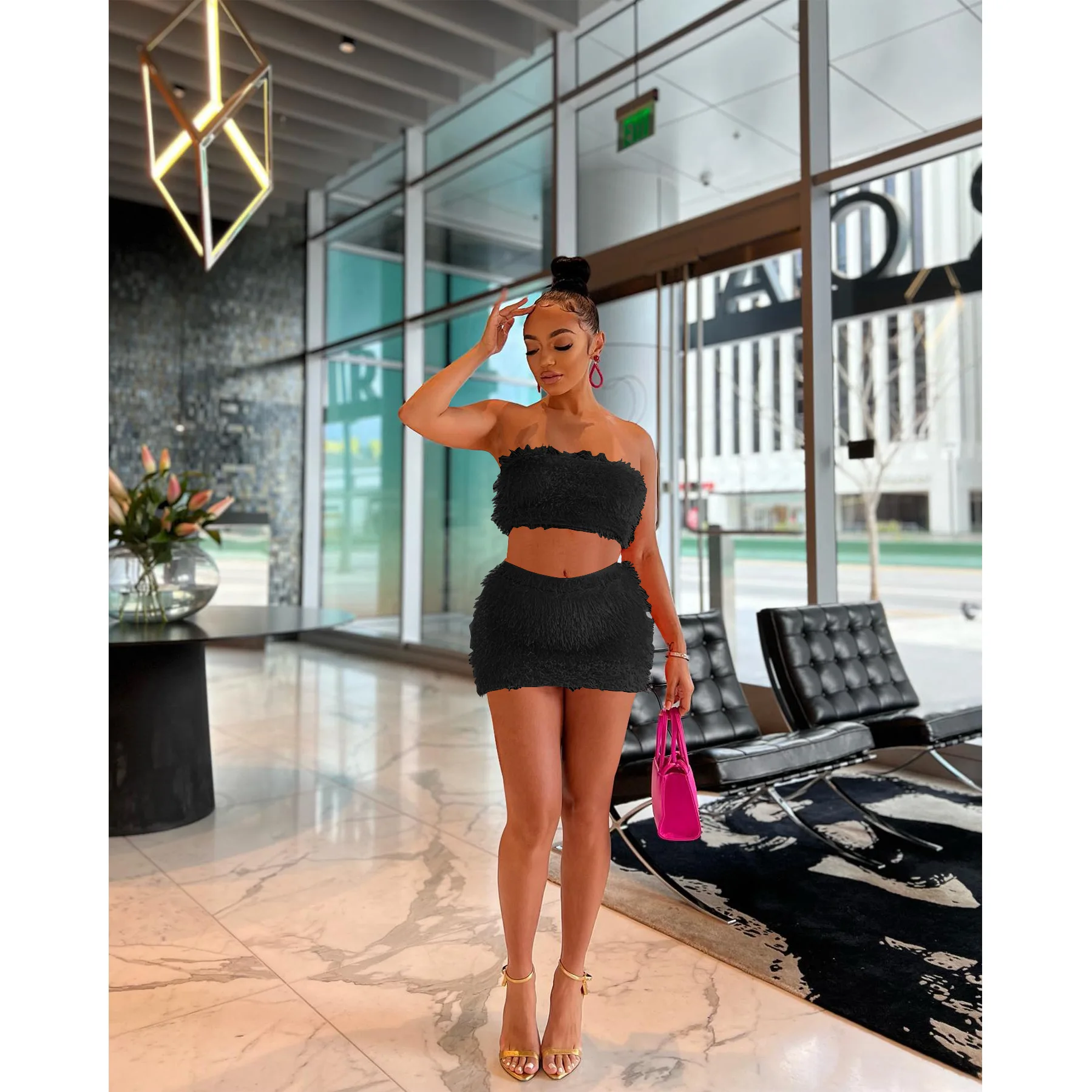 Women's Summer Sexy Tube Top & Mini Skirt 2 Piece Set Fashion Furry Strapless Top And Short Dress Two-Piece Outfits