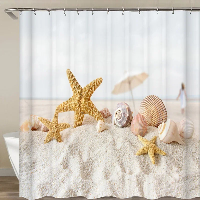 Bath Curtain Sea Beach Shell Starfish Shower Curtains  Waterproof Bathroom Home Washable Fabric Bath Screen Hooks Multiple sizes