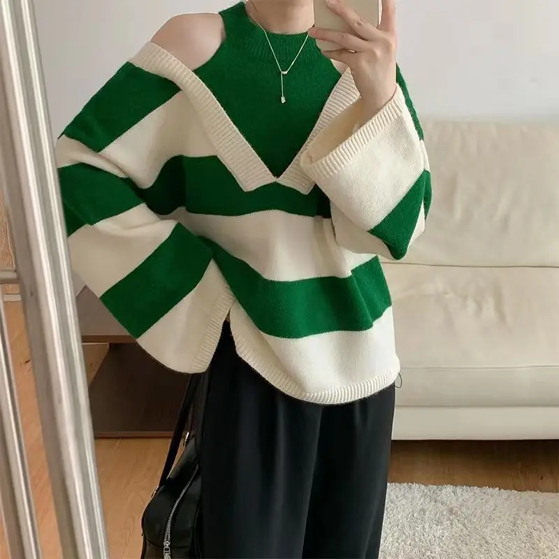 Design Halter Pullovers Women Sweater Ulzzang Fake Two Piece Striped Sweet Schoolgirl Lovely Baggy Свитер Женский Gentle Clothes