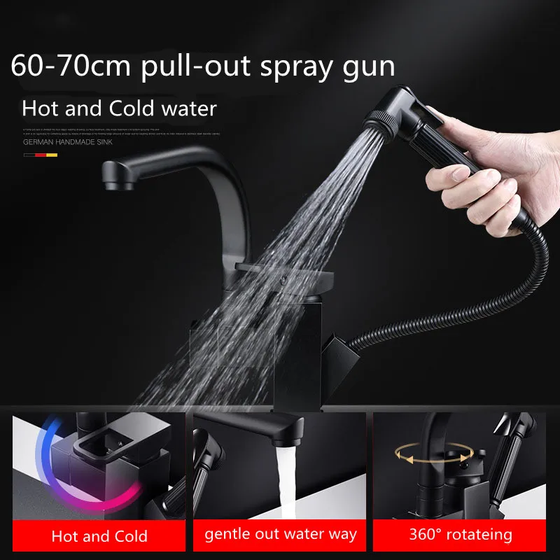 Black Kitchen Sink Faucet Chrome Pull Out Bidet Spray Hot/Cold Water Mixer Tap Rotatable Crane Stainless Steel Taps