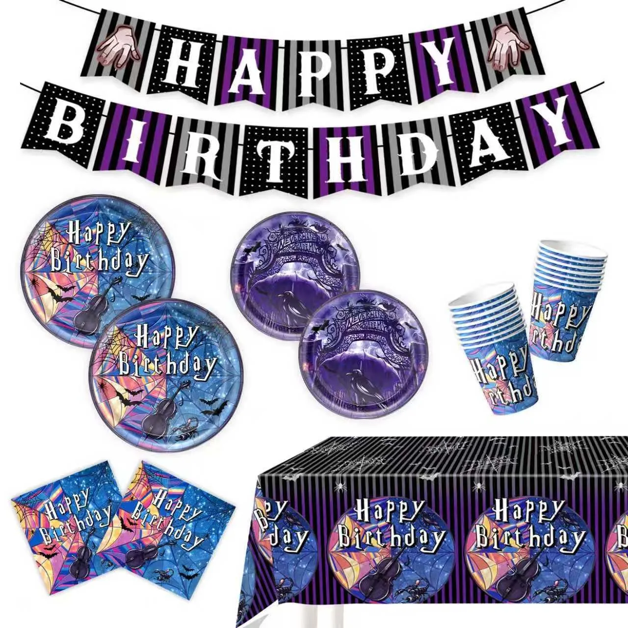 Birthday Party Decoration Tableware Cups Plates Banner Balloons Set Door Cake Toppers for Wednesday Kids Party Supplies Gift