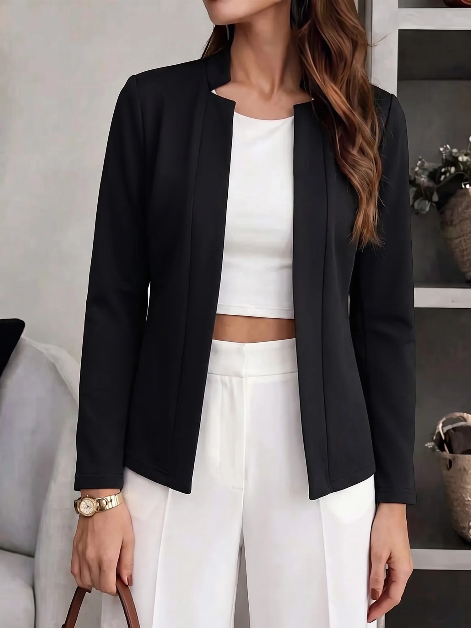 Fashion Ladies Open Front Mandarin Collar Blazer Long Sleeve Solid Slim Fit Office Casual Jacket