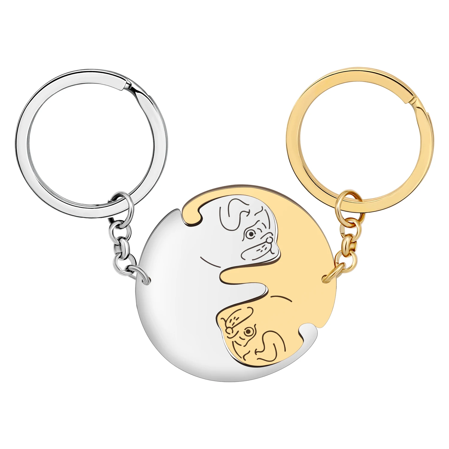 Bonsny Stainless Steel 2PCS Gold Silver-plated Cute Pug Dog Keychains Animals Pet Bag Charm Key Chains Lovers Keyring Decoration