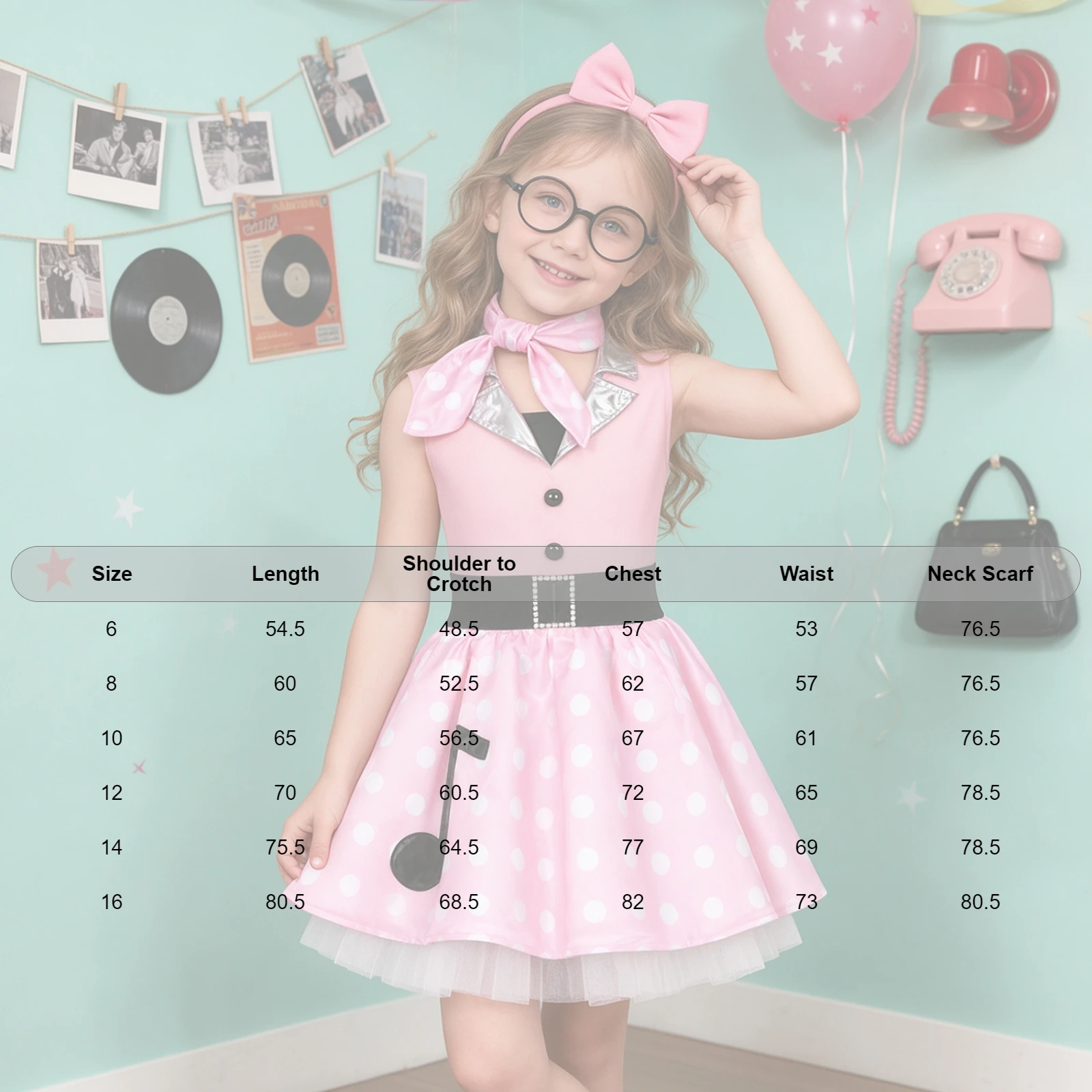 Kids Girls 50s Vintage Dress Metallic Lapel Collar Sleeveless Dot Dress with Neck Scarf for Retro Birthday Theme Party Halloween view 6