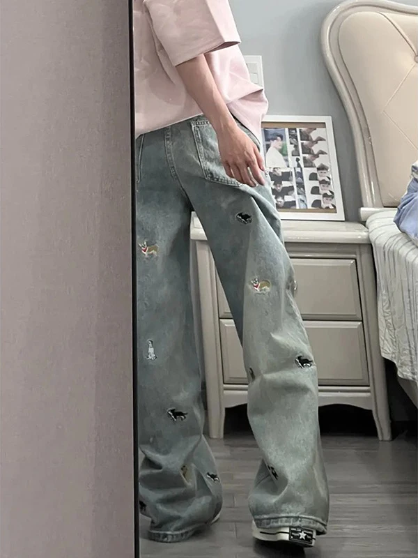 

Американские ретро-джинсы синего цвета с вышивкой, свободного кроя, широкие штанины, для мужчин, в стиле хип-хоп, повседневные, длинные, прямого кроя