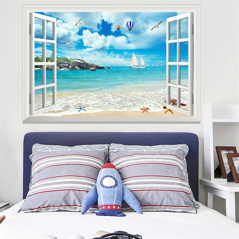 Bright Sea View Mural for Home Decoration Aesthetic Rooms Walls Art Beach Blue Water Sailboat Vinyl Big Window Seascape Stickers