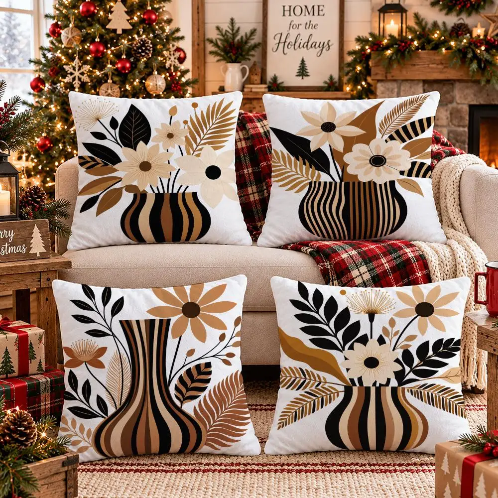 Striped Botanical Vase Cushion Cover 1/4PCS Short Plush Pillow Cover Set Soft Decorative Cushion Case for Sofa Bed Home Decor