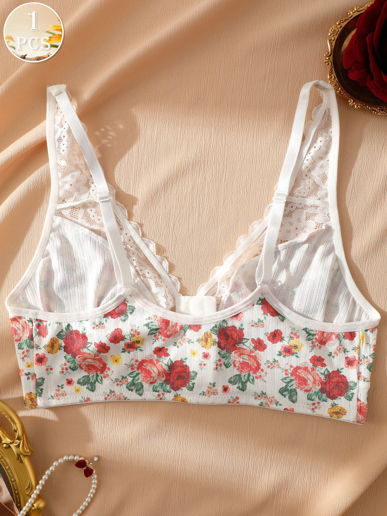 1pc Women's Floral Print Wireless Bra, Lace Trim Front Closure Comfort Bralette (S-XXL) view 5