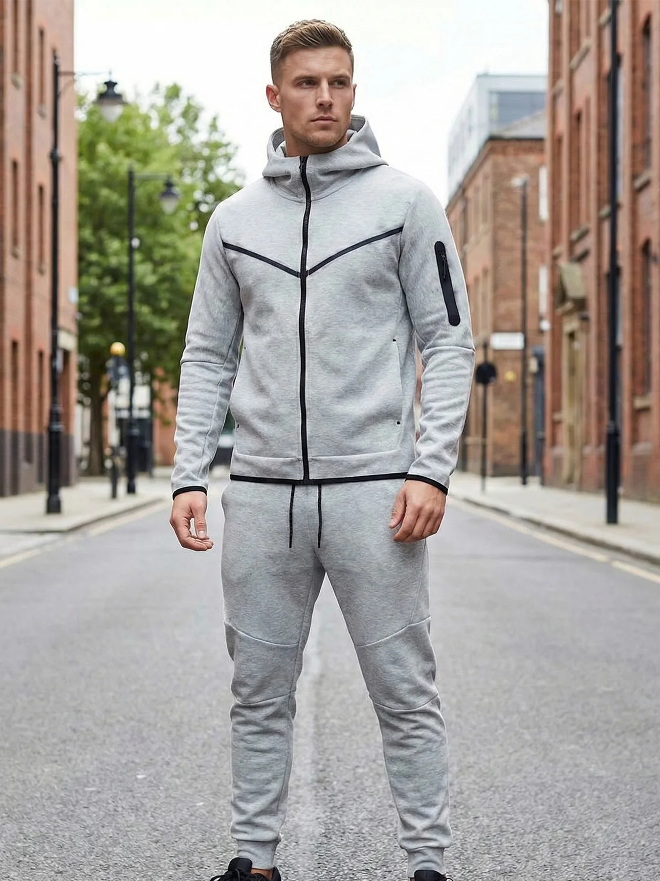 2-teiliger Herren-Sportanzug für Frühling und Herbst, Kapuzenjacke mit Reißverschluss und Jogginghose, lässiger Alltags-Sportanzug für Männer im Freien – Detail 2