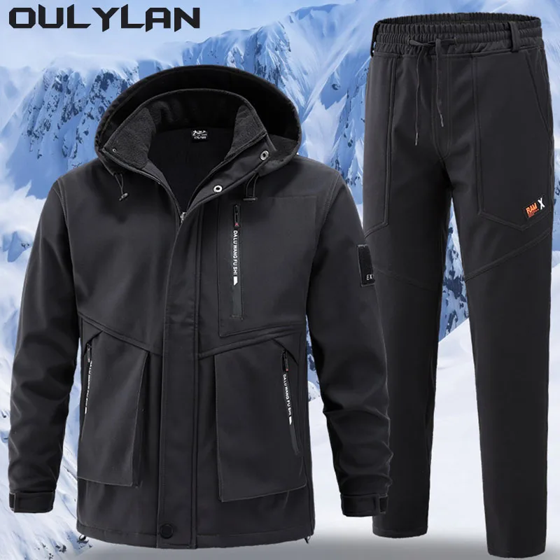 

Oulylan Waterproof Tactical Winter Set Men's Military Outdoor Windproof Suit Multi-Pocket Soft Shell Hooded Jackets Work Pants