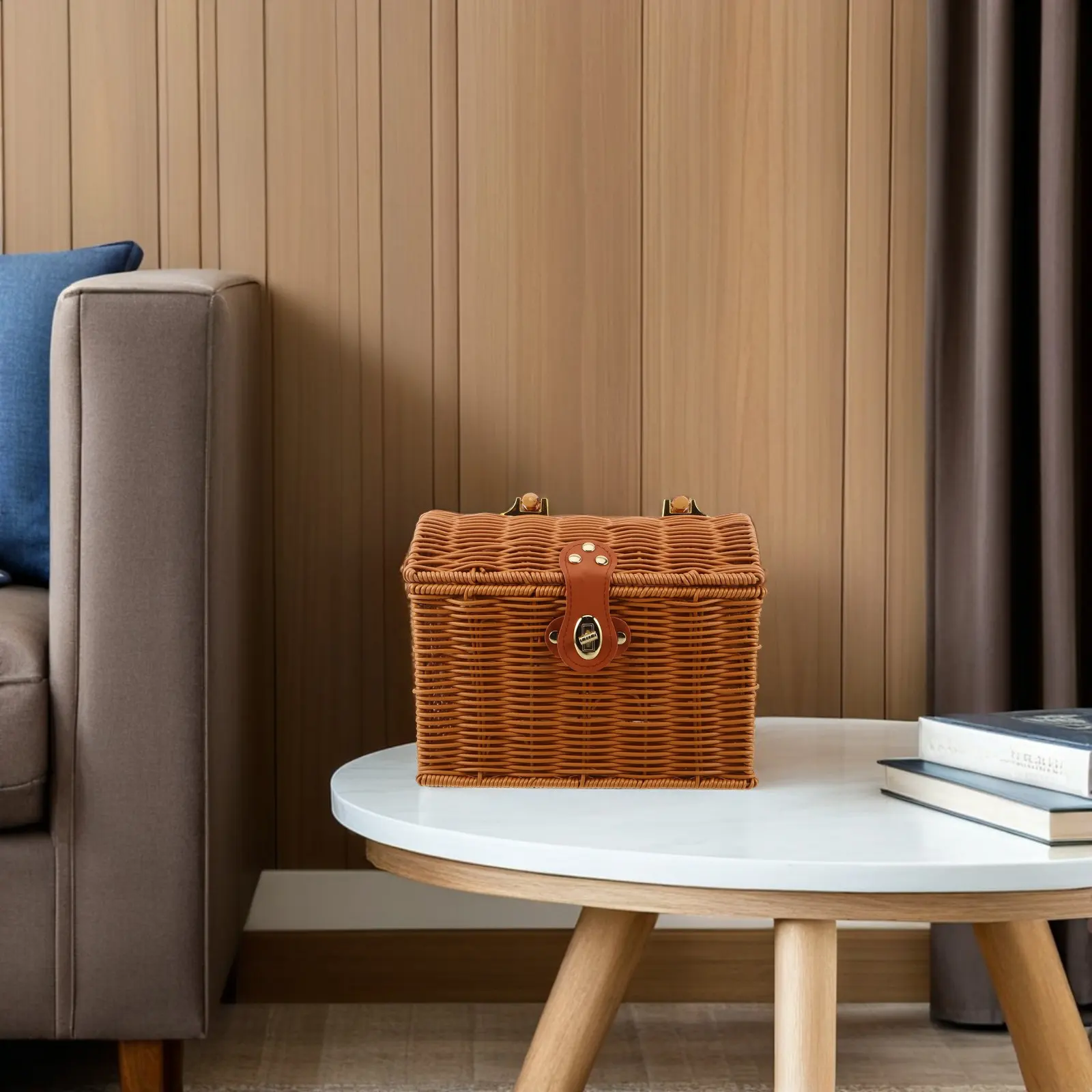 

Imitation Rattan Mahjong Storage Box Portable Case Handle Lock Lid Decorative Woven Basket Travel Organizer Vintage Mahjong