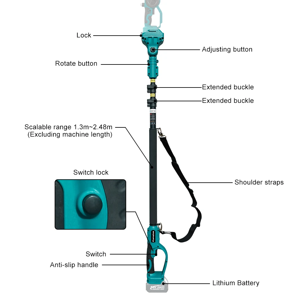 Kamolee Wireless Charging 6/8 inch Aerial Pruning Chainsaw Orchard Branch Pruning Electric Scissors 2.5m Extension Pole