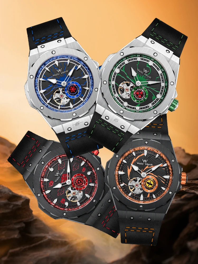 ساعة WM ساعات ميكانيكية أوتوماتيكية للرجال من الفولاذ المقاوم للصدأ مقاومة للماء إصدار محدود من سلسلة ساعات ناروتو سيري ويلي ميرك