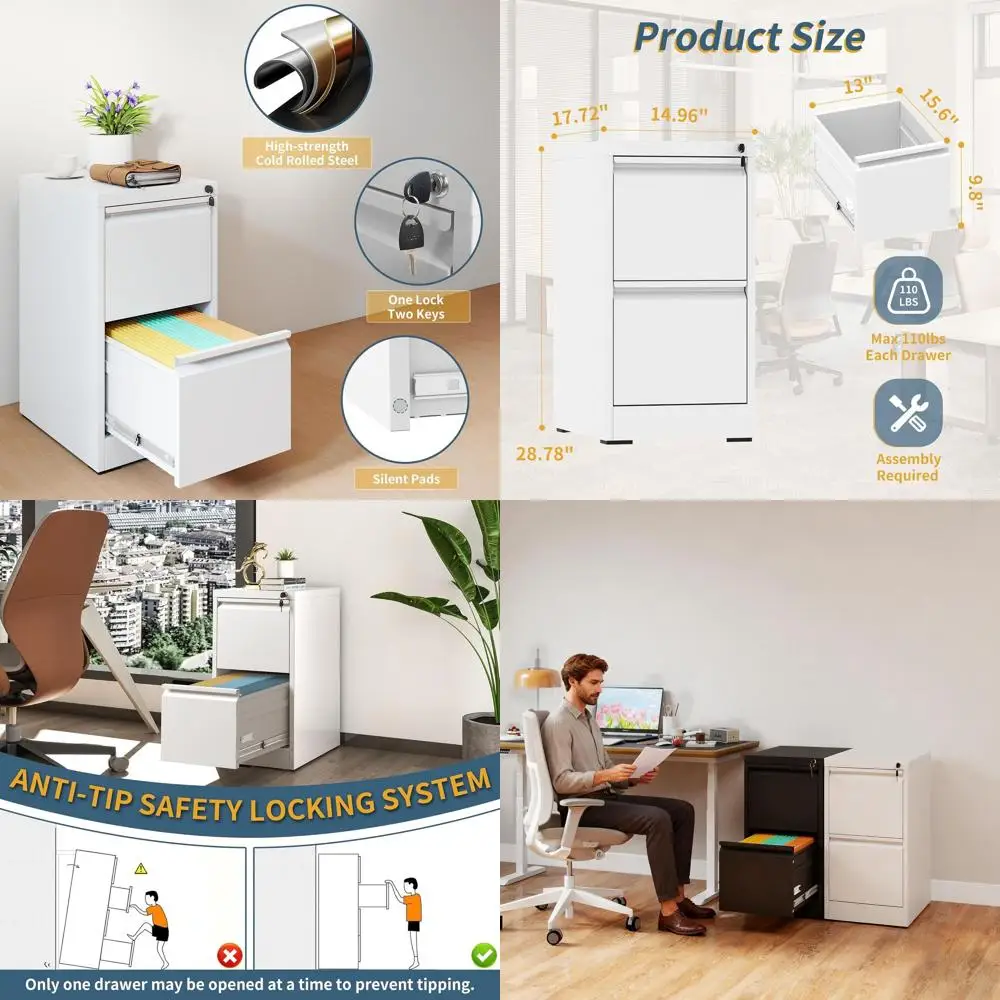 

White Heavy Duty Vertical File Cabinet with Lock, 2 Drawers for Home Office, Suitable for Letter, Legal, A4, and F4 Sizes, Metal