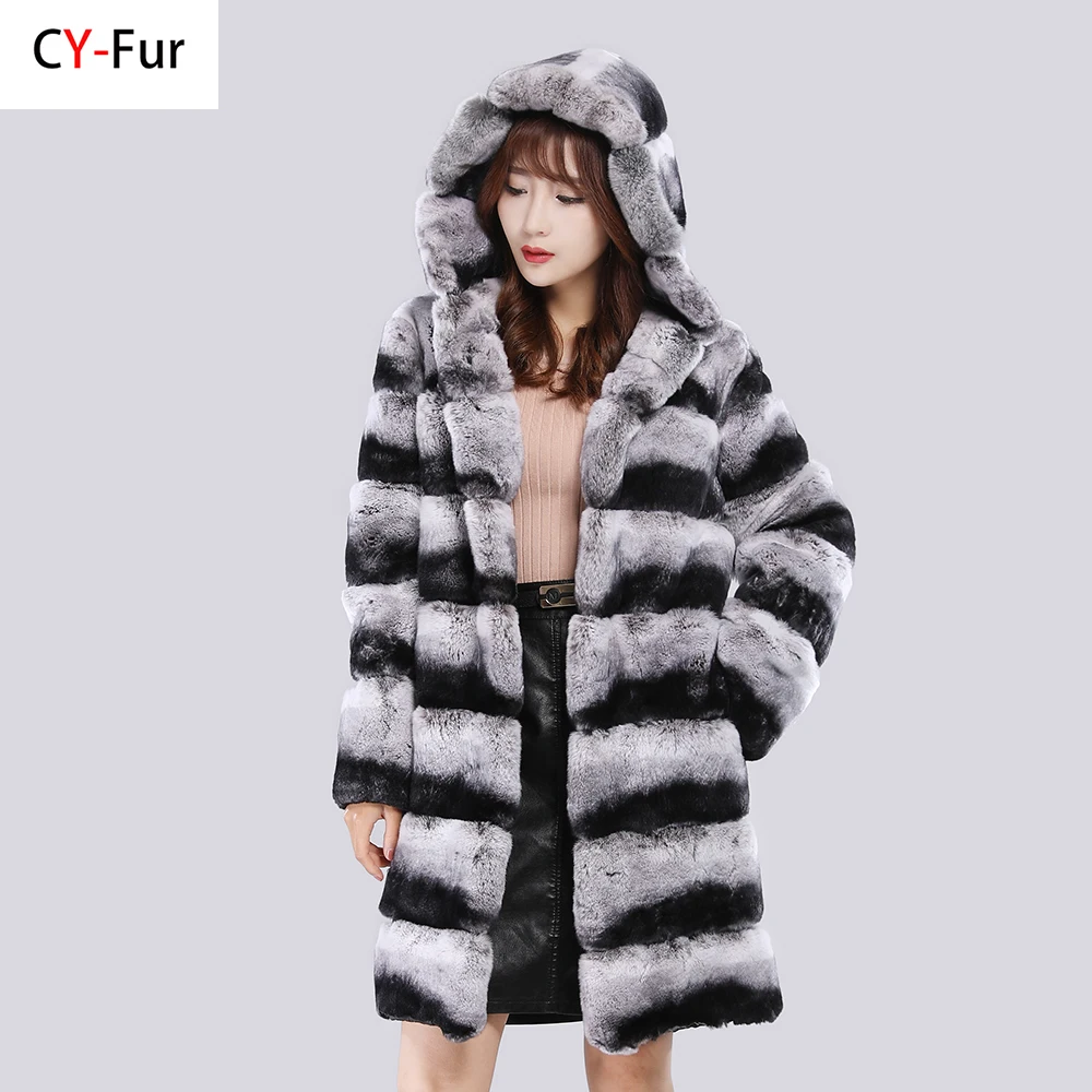 

2024 Real Fur Coat With Hood Jacket Long Winter Coat Large Fur Hood Rex Rabbit Chinchilla Fur Hooded Jacket Women Real Fur Coat