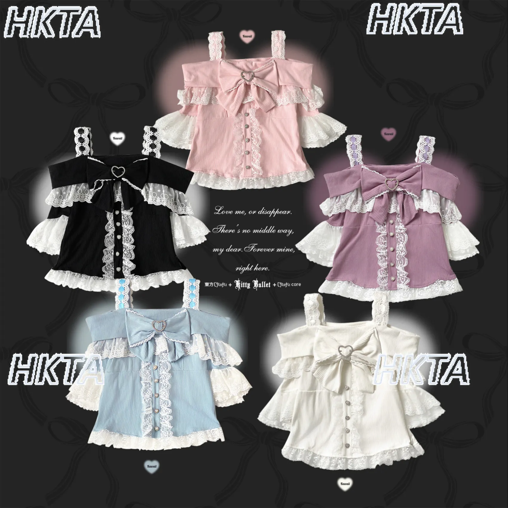 

Japanese Sweet Lace Stitching One Word Collar Off Shoulder Short Sleeved Bow Love Button White T Shirt Top Lolita Tshirt Women
