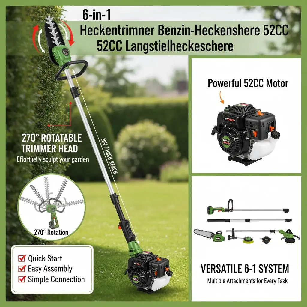 Multifunktionales 6-in-1-Gartengerät, 52 cm³ Benzin-Heckenschere, Unkrautjäter, Rasentrimmer, Zweitaktmotor, Kettensäge