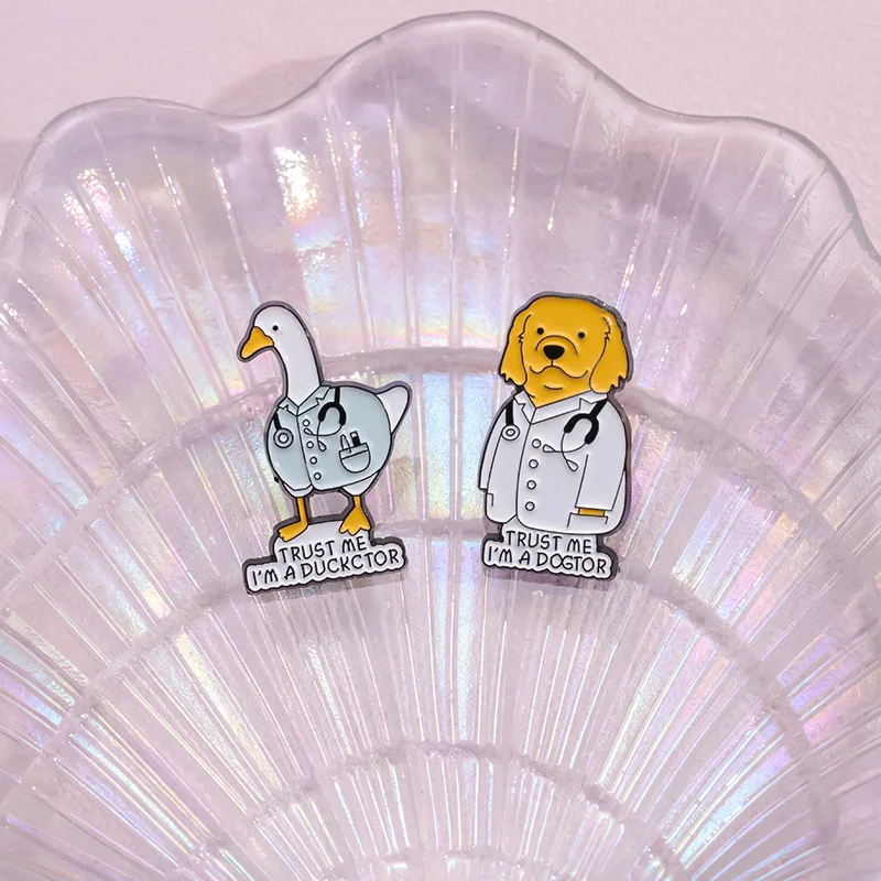 Fun Animal Doctor Series Enamel Pins Cartoon Duck and Dog Doctor Medical Brooch Jacket Lapel Badge Jewelry Gift For Friends