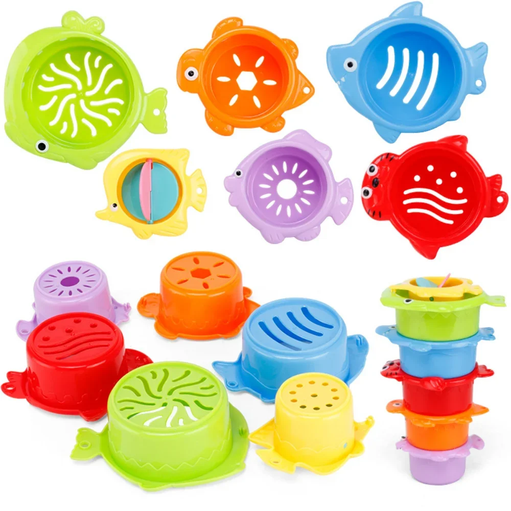 Juguete de baño de 6 piezas para bebé, taza apilable, torre de apilamiento del océano, bañera, juego de agua, juguetes educativos de playa, regalos para niños