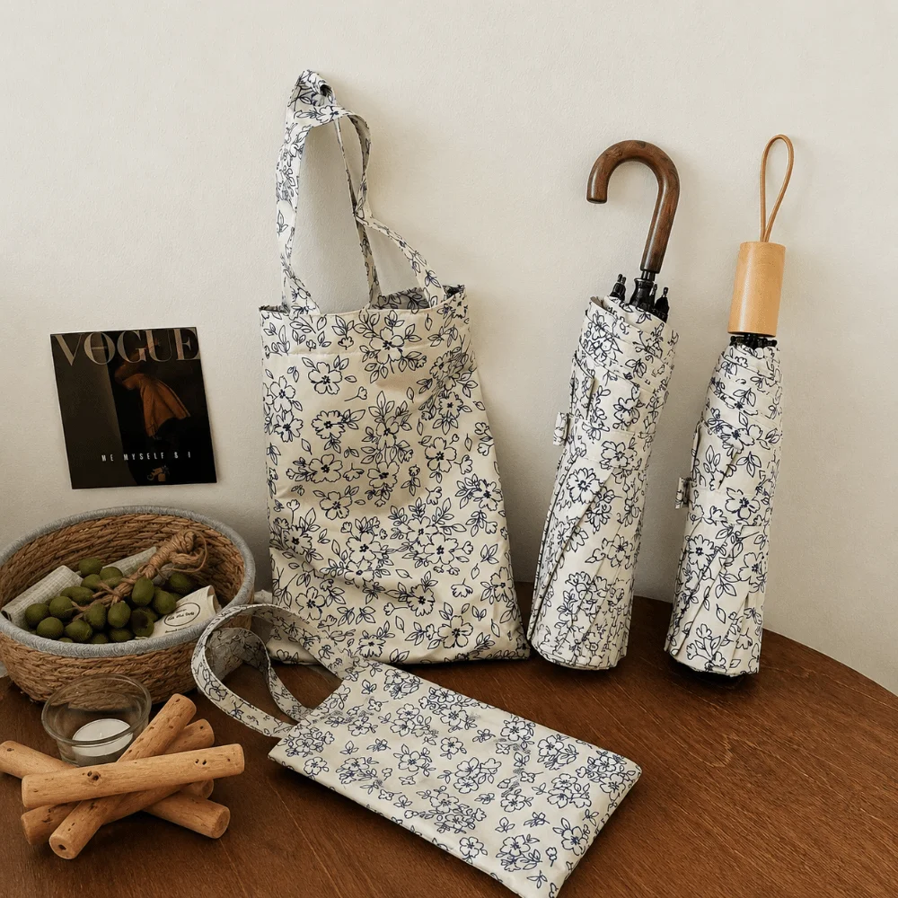 Portable Flower Print Folding Umbrella UV Protection Windproof Sun Umbrella Rain Protection Handheld Rain Umbrella Outdoor