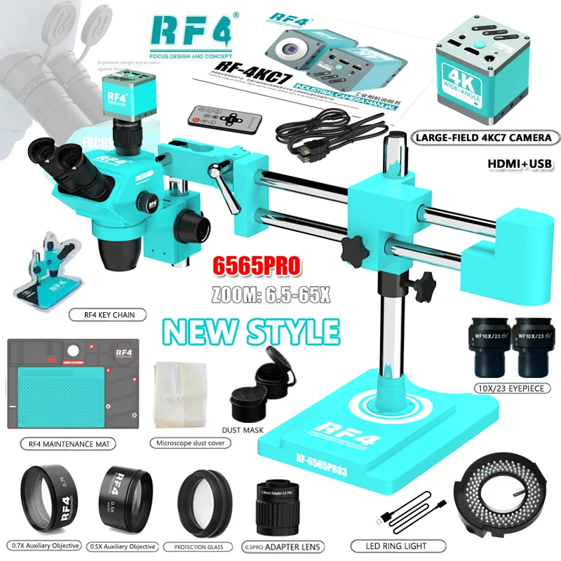 

RF4 Zoom Triocular Stereo Microscope 360° Double Cantilever Support 6.5-65X 2K 4K USB HDMI Camera For PCB Repair RF-6565PRO3