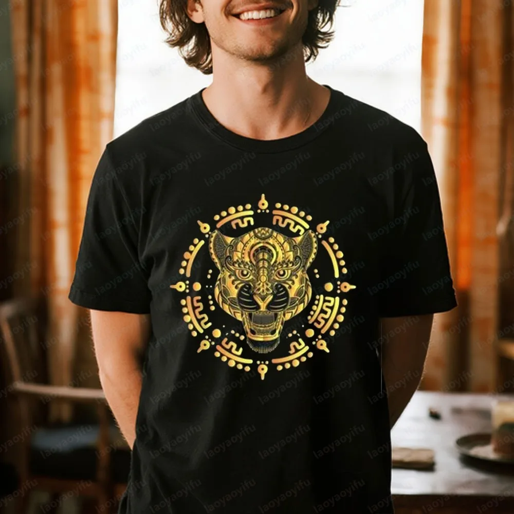 Mexican Golden Jaguar Tshirt Aztec Maya Ocelot T-Shirt Creative Printed Tee Tops Men Fashion Summer Crewneck Cotton Short Sleeve