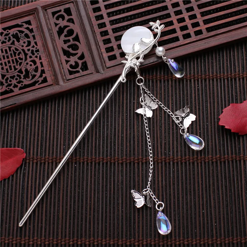1PC Classic-Pearl Tassel Butterfly Hair Stick Direct Plate Hairpin White Bridal Headdress Hair Fork Jewelry Ornaments F2131