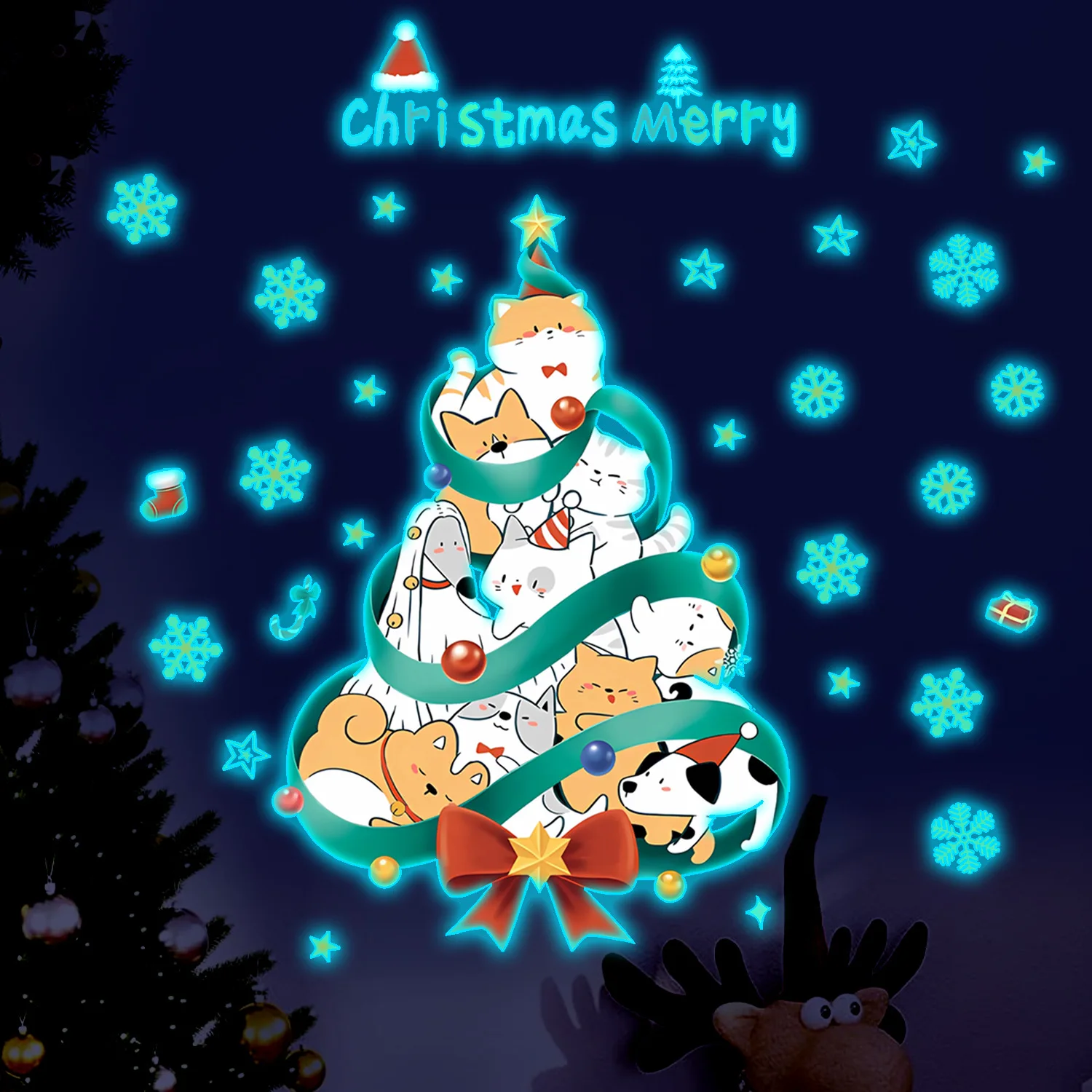 

Cartoon Animals Christmas Decorations Night Light Stickers Bedroom Living Room Fluorescent Stickers Christmas Tree Wall Stickers